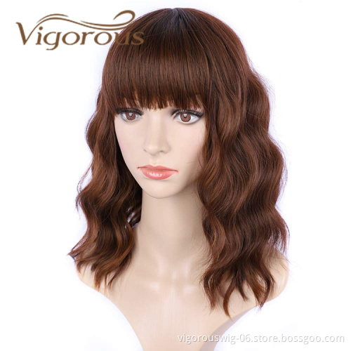 Vigorous Cheap Price Middle Long With Neat Bangs Brown Machine Made High Temperature Fiber For Black Women Synthetic Hair Wigs